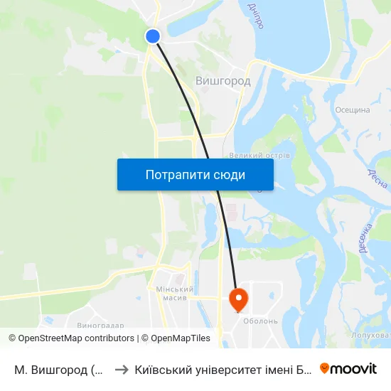 М. Вишгород (Дідовиця) to Київський університет імені Бориса Грінченка map
