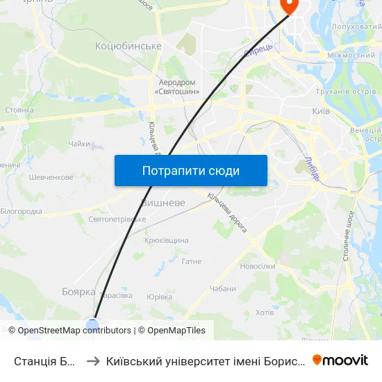 Станція Боярка to Київський університет імені Бориса Грінченка map