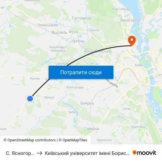 С. Ясногородка to Київський університет імені Бориса Грінченка map