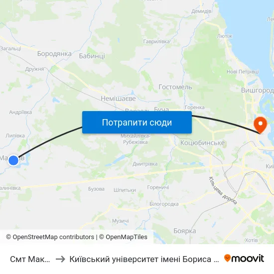 Смт Макарів to Київський університет імені Бориса Грінченка map
