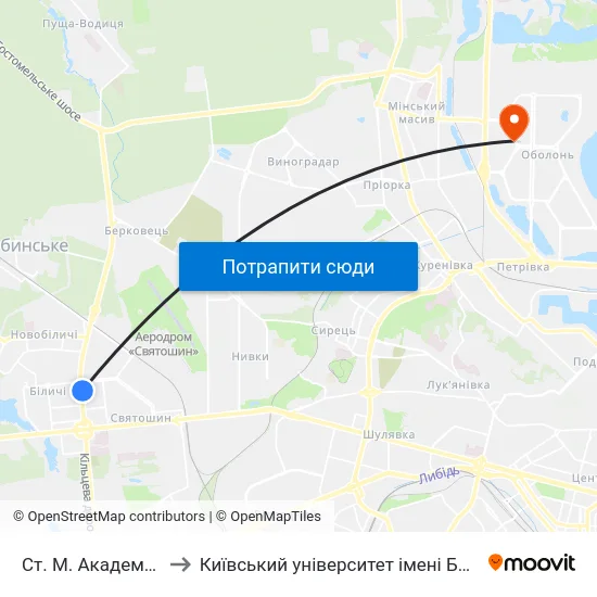 Ст. М. Академмістечко to Київський університет імені Бориса Грінченка map