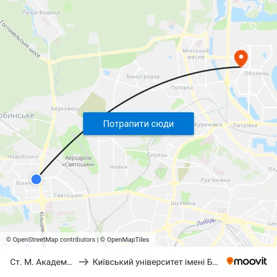 Ст. М. Академмістечко to Київський університет імені Бориса Грінченка map