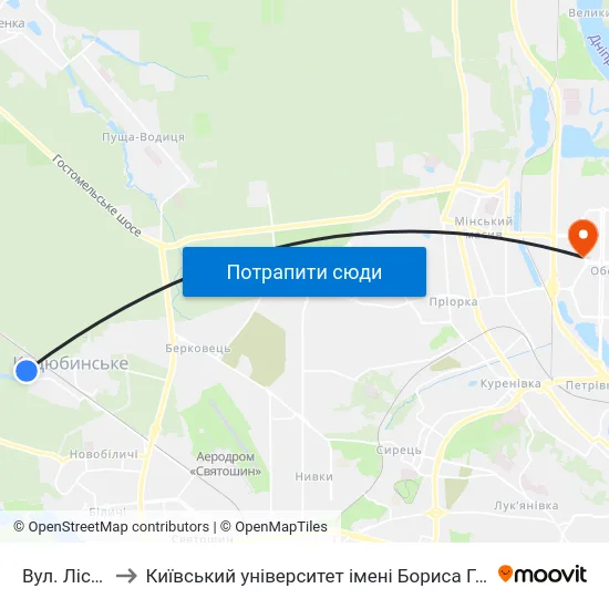 Вул. Лісова to Київський університет імені Бориса Грінченка map
