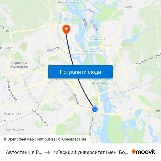 Автостанція Видубичi to Київський університет імені Бориса Грінченка map