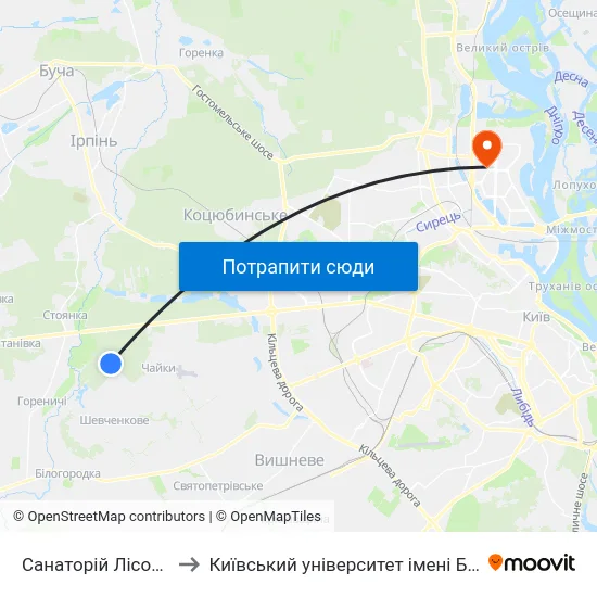 Санаторій Лісова Поляна to Київський університет імені Бориса Грінченка map