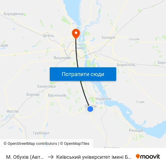 М. Обухів (Автостанція) to Київський університет імені Бориса Грінченка map