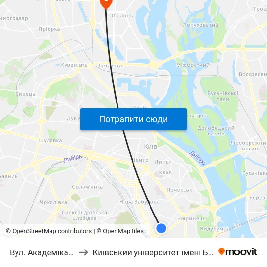 Вул. Академіка Філатова to Київський університет імені Бориса Грінченка map