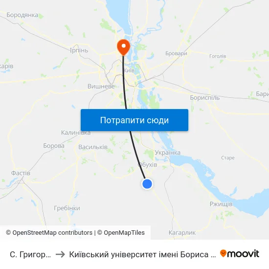 С. Григорівка to Київський університет імені Бориса Грінченка map
