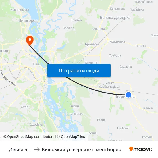 Тубдиспансер to Київський університет імені Бориса Грінченка map