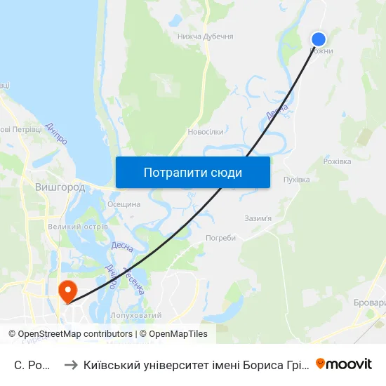 С. Рожни to Київський університет імені Бориса Грінченка map