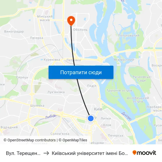 Вул. Терещенківська to Київський університет імені Бориса Грінченка map