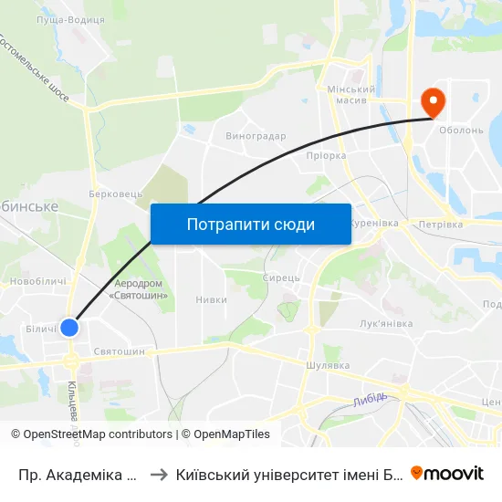 Пр. Академіка Палладіна to Київський університет імені Бориса Грінченка map