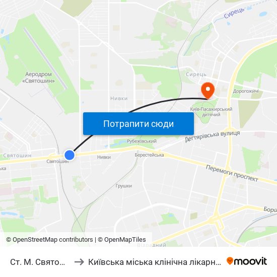Ст. М. Святошин to Київська міська клінічна лікарня №9 map