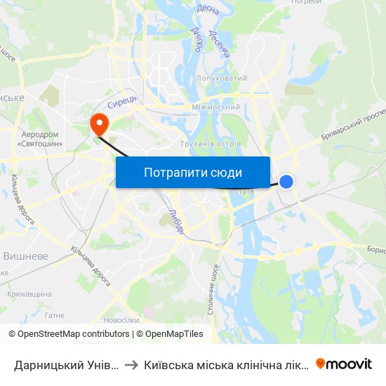 Дарницький Універмаг to Київська міська клінічна лікарня №9 map