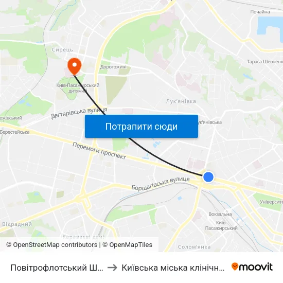 Повітрофлотський Шляхопровід to Київська міська клінічна лікарня №9 map