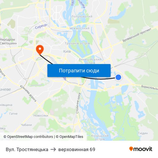 Вул. Тростянецька to верховинная 69 map