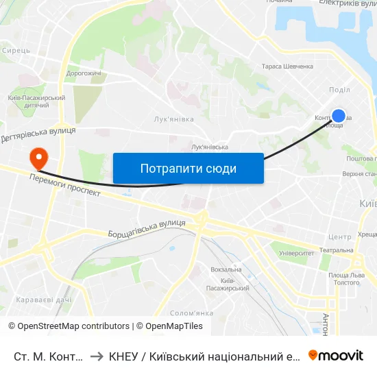 Ст. М. Контрактова Площа to КНЕУ / Київський національний економічний університет ім. В. Гетьмана map