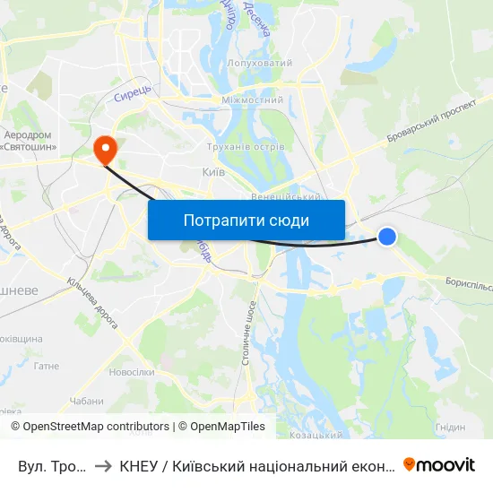Вул. Тростянецька to КНЕУ / Київський національний економічний університет ім. В. Гетьмана map