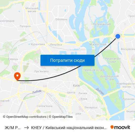 Ж/М Райдужний to КНЕУ / Київський національний економічний університет ім. В. Гетьмана map