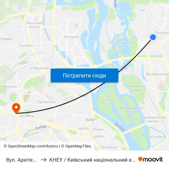 Вул. Архітектора Ніколаєва to КНЕУ / Київський національний економічний університет ім. В. Гетьмана map