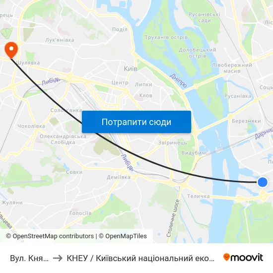 Вул. Княжий Затон to КНЕУ / Київський національний економічний університет ім. В. Гетьмана map