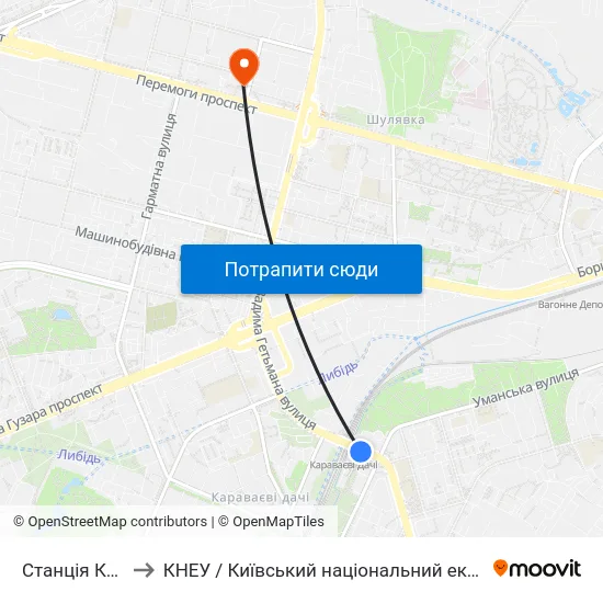 Станція Караваєві Дачі to КНЕУ / Київський національний економічний університет ім. В. Гетьмана map