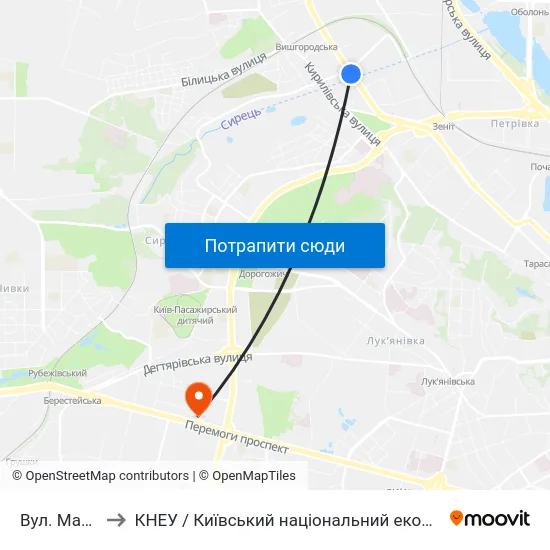Вул. Марка Вовчка to КНЕУ / Київський національний економічний університет ім. В. Гетьмана map