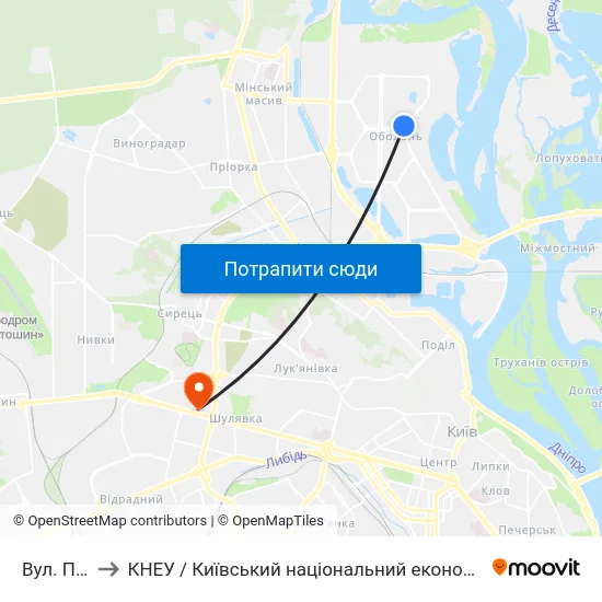 Вул. Прирічна to КНЕУ / Київський національний економічний університет ім. В. Гетьмана map