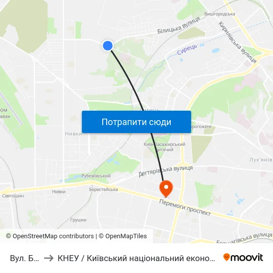 Вул. Білицька to КНЕУ / Київський національний економічний університет ім. В. Гетьмана map