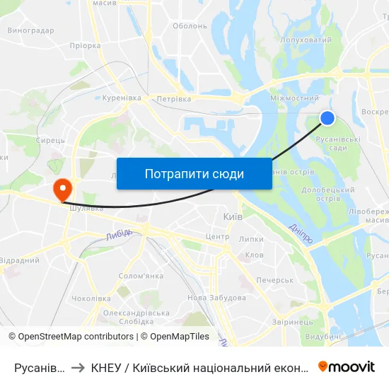 Русанівські Сади to КНЕУ / Київський національний економічний університет ім. В. Гетьмана map