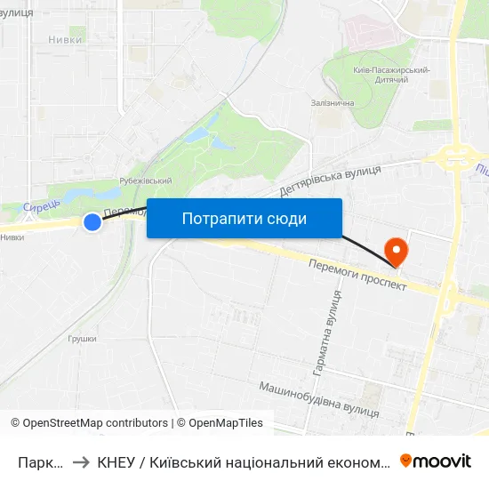 Парк Нивки to КНЕУ / Київський національний економічний університет ім. В. Гетьмана map