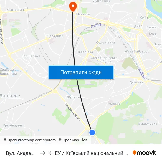 Вул. Академіка Заболотного to КНЕУ / Київський національний економічний університет ім. В. Гетьмана map