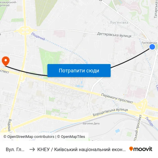 Вул. Глибочицька to КНЕУ / Київський національний економічний університет ім. В. Гетьмана map