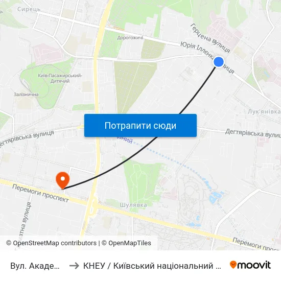 Вул. Академіка Ромоданова to КНЕУ / Київський національний економічний університет ім. В. Гетьмана map