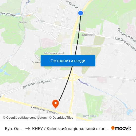 Вул. Олени Теліги to КНЕУ / Київський національний економічний університет ім. В. Гетьмана map