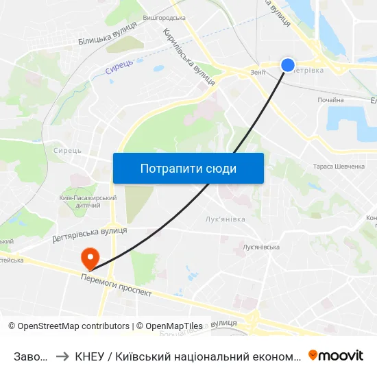 Завод Маяк to КНЕУ / Київський національний економічний університет ім. В. Гетьмана map