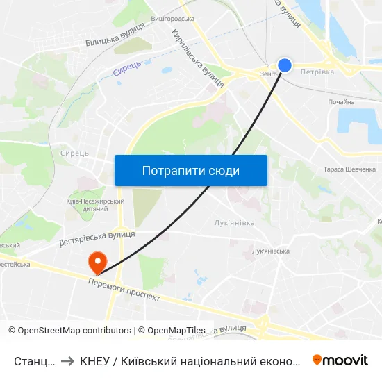 Станція Зеніт to КНЕУ / Київський національний економічний університет ім. В. Гетьмана map