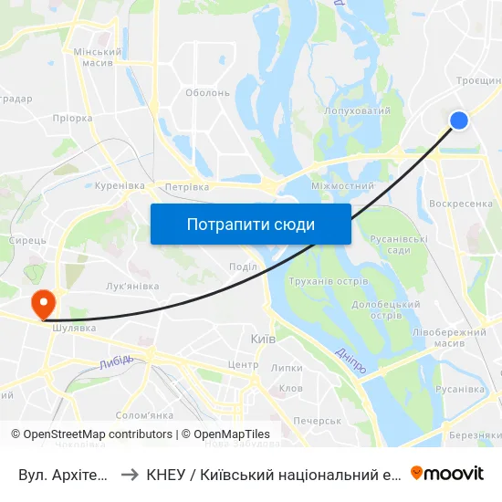 Вул. Архітектора Ніколаєва to КНЕУ / Київський національний економічний університет ім. В. Гетьмана map