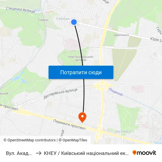 Вул. Академіка Щусєва to КНЕУ / Київський національний економічний університет ім. В. Гетьмана map