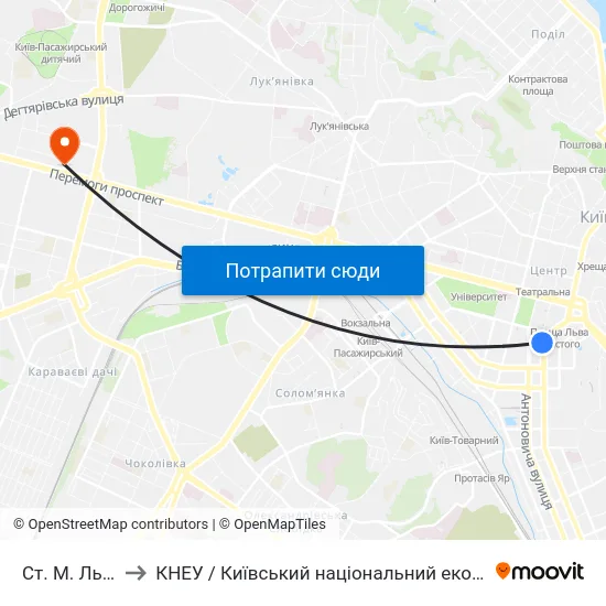Ст. М. Льва Толстого to КНЕУ / Київський національний економічний університет ім. В. Гетьмана map