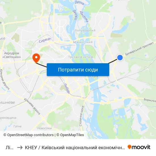 Лісова to КНЕУ / Київський національний економічний університет ім. В. Гетьмана map
