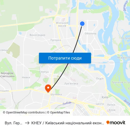 Вул. Героїв Дніпра to КНЕУ / Київський національний економічний університет ім. В. Гетьмана map