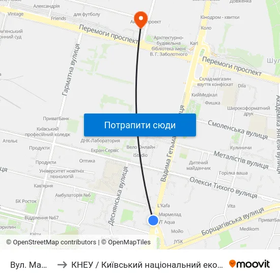 Вул. Машинобудівна to КНЕУ / Київський національний економічний університет ім. В. Гетьмана map