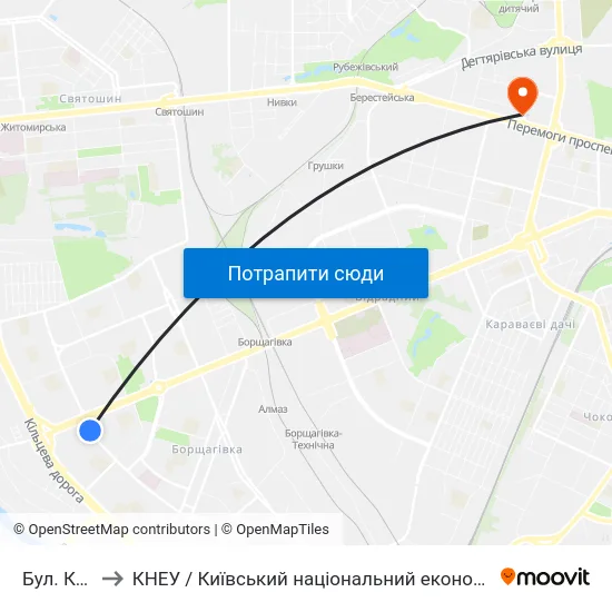 Бул. Кольцова to КНЕУ / Київський національний економічний університет ім. В. Гетьмана map