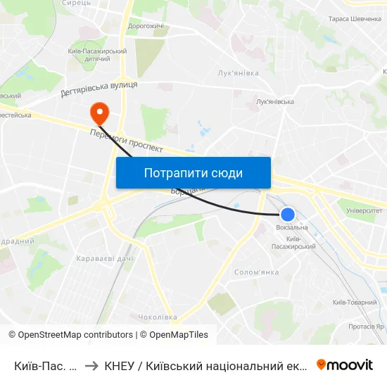 Київ-Пас. (Приміський) to КНЕУ / Київський національний економічний університет ім. В. Гетьмана map