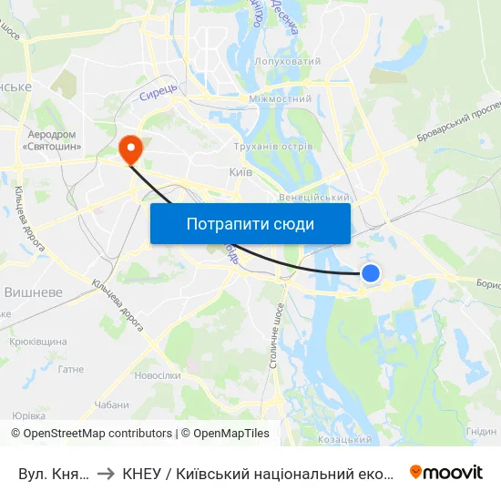 Вул. Княжий Затон to КНЕУ / Київський національний економічний університет ім. В. Гетьмана map