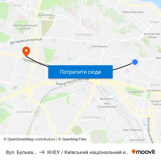 Вул. Бульварно-Кудрявська to КНЕУ / Київський національний економічний університет ім. В. Гетьмана map