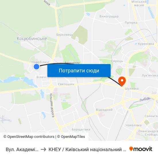 Вул. Академіка Булаховського to КНЕУ / Київський національний економічний університет ім. В. Гетьмана map