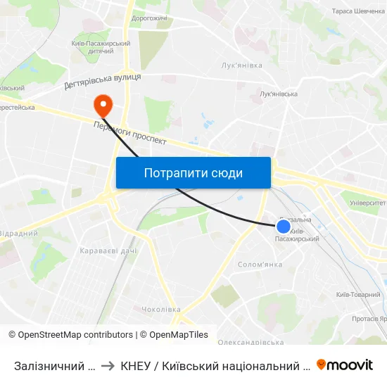 Залізничний Вокзал Південний to КНЕУ / Київський національний економічний університет ім. В. Гетьмана map