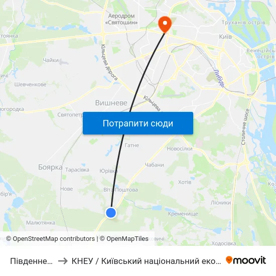 Південне Кладовище to КНЕУ / Київський національний економічний університет ім. В. Гетьмана map